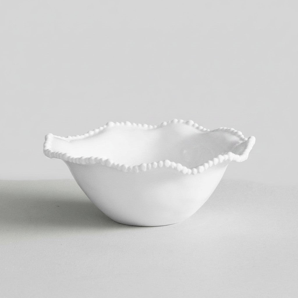 Mellow Monkey Alegria medium white melamine serving bowl with beaded rim, perfect for salads or chips.