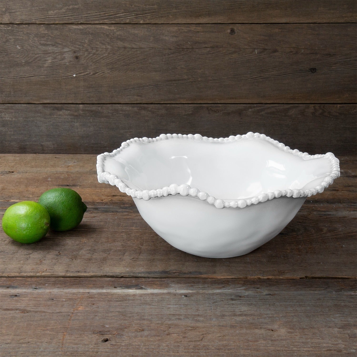 Mellow Monkey Alegria white melamine medium serving bowl with pearl rim detail, perfect for salads or fruit.