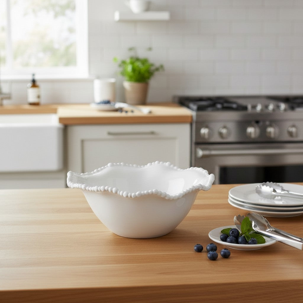 Mellow Monkey Alegria white melamine medium serving bowl with beaded rim, perfect for salads or fruit.