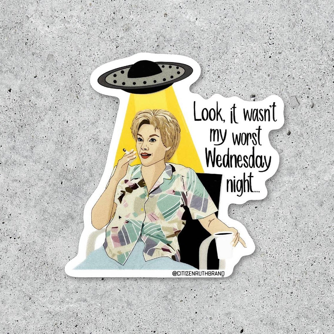 Mellow Monkey Alien Abduction vinyl sticker featuring a woman in a patterned shirt being beamed up by a UFO. Waterproof decal.
