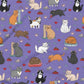 Mellow Monkey All The Cats double sided waffle dish towel with various cats, mice, scratching posts, and hearts on a purple background.