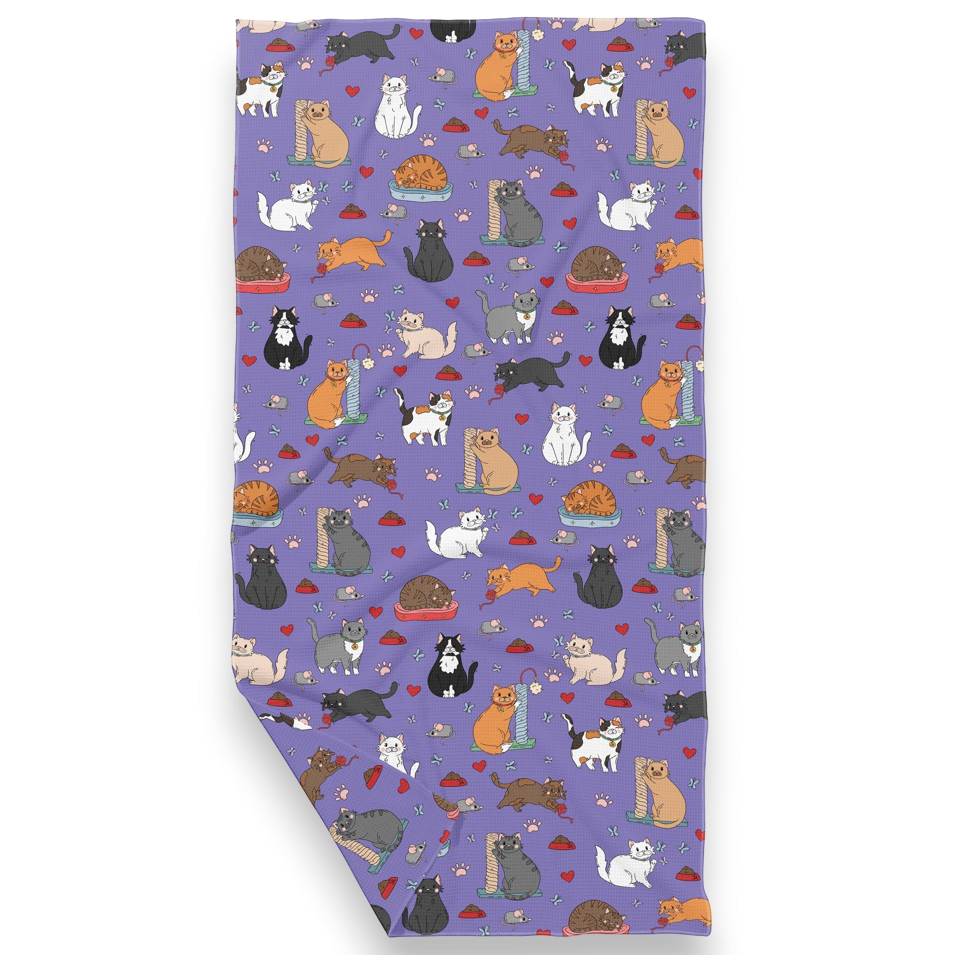Mellow Monkey All The Cats double sided waffle dish towel with a purple background and a pattern of various cats, mice, hearts, and paw prints.