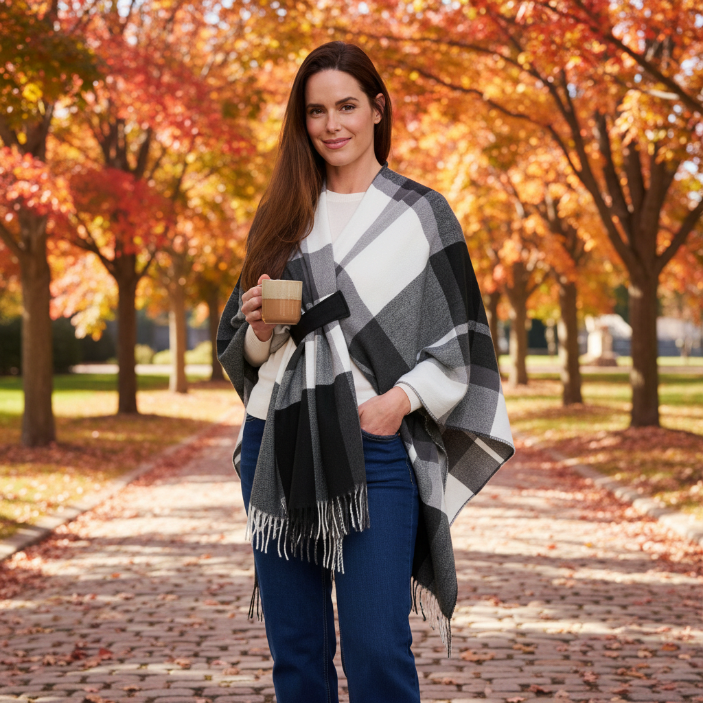 Mellow Monkey Alora open front plaid wrap in black, white, and grey worn by a woman in an autumn park setting.
