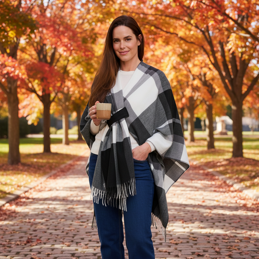 Mellow Monkey Alora open front plaid wrap in black, white, and grey worn by a woman in an autumn park setting.