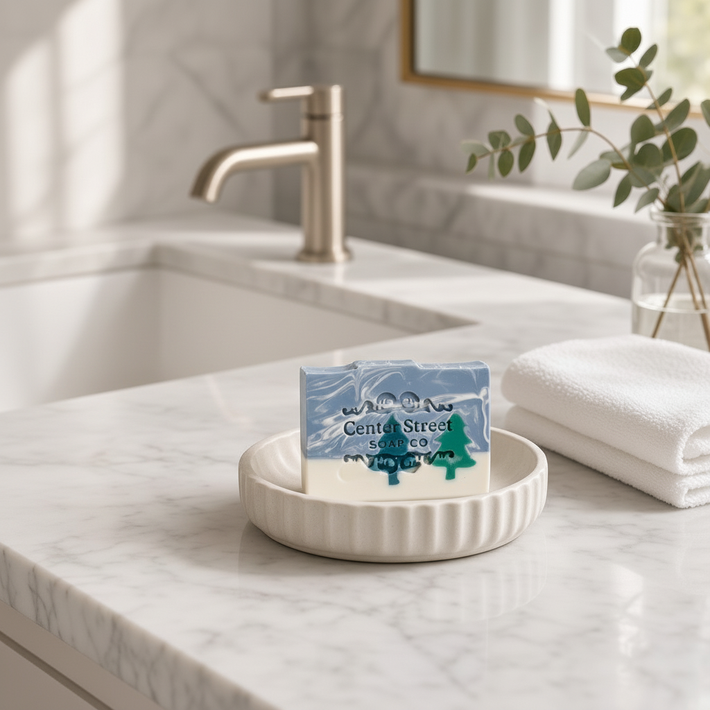Mellow Monkey Alpine Frost handmade bar soap with blue and white marbled design on a ceramic dish in a bathroom.