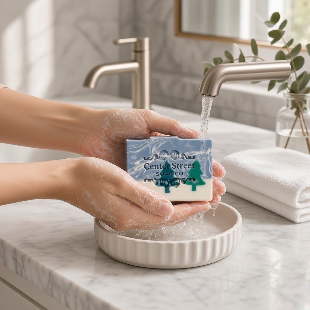 Mellow Monkey Alpine Frost handmade bar soap with blue and white marbled design being rinsed under bathroom faucet