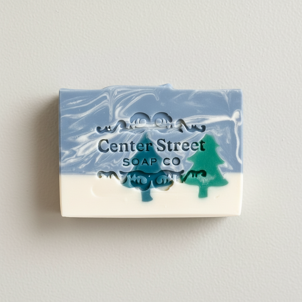 Mellow Monkey Alpine Frost handmade bar soap with blue and white marbled design and pine tree cutouts.