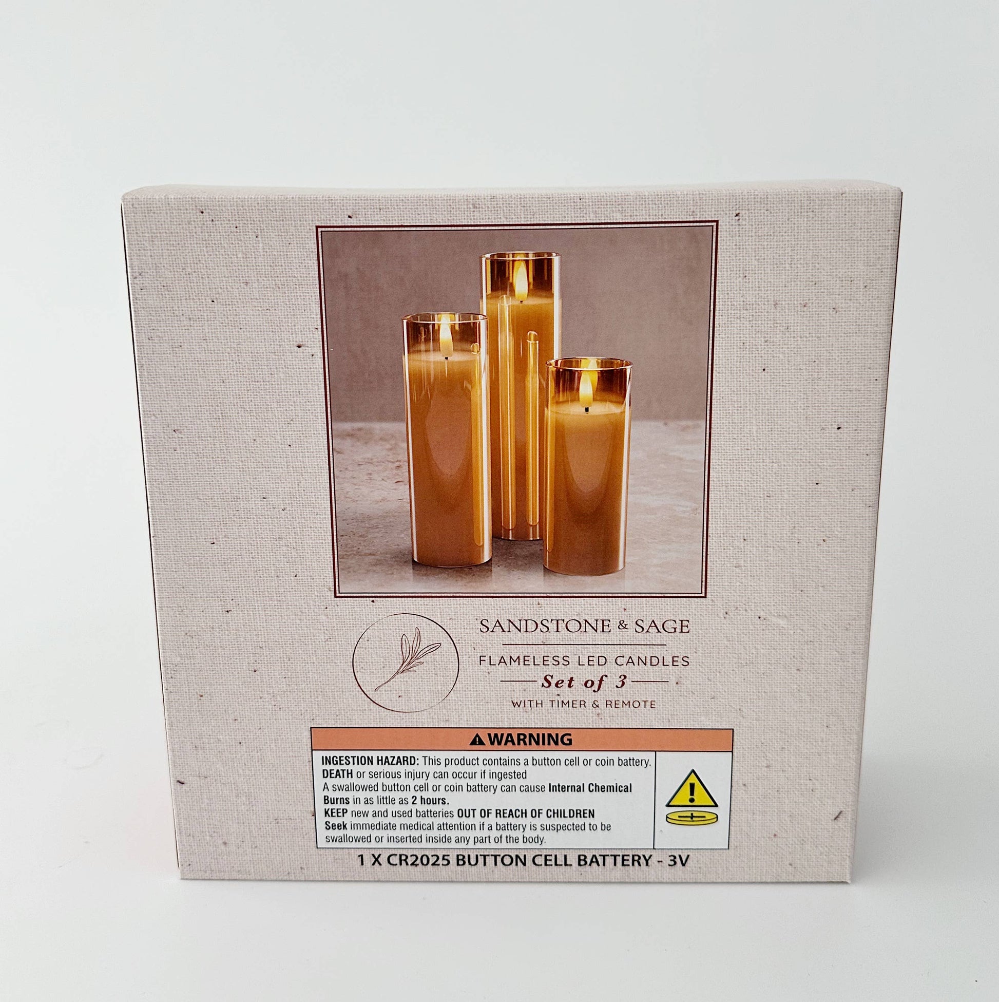 Mellow Monkey set of three amber glass flameless LED pillar candles with remote and timer in retail packaging