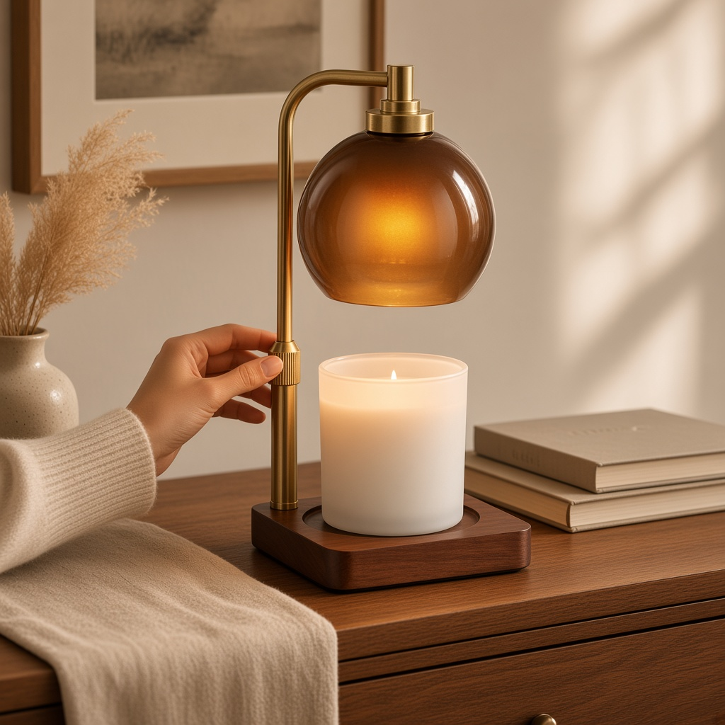 Mellow Monkey Amber Sphere Candle Warmer Lamp with a brushed gold stem and amber glass dome on a wooden base.