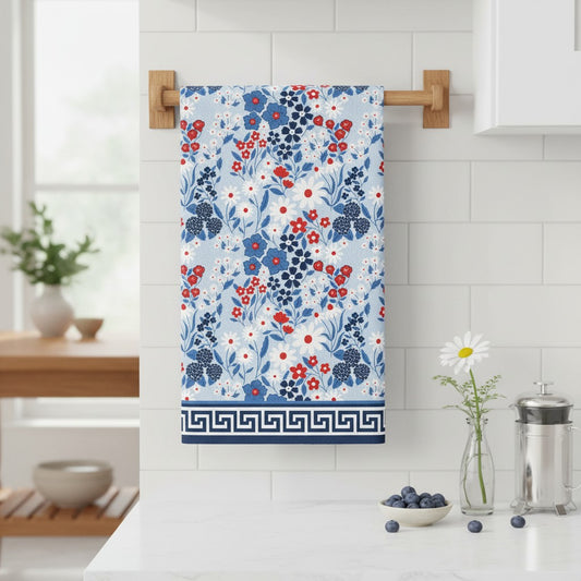Mellow Monkey Americana Floral cotton tea towel with blue, red, and white flowers and a Greek key border.