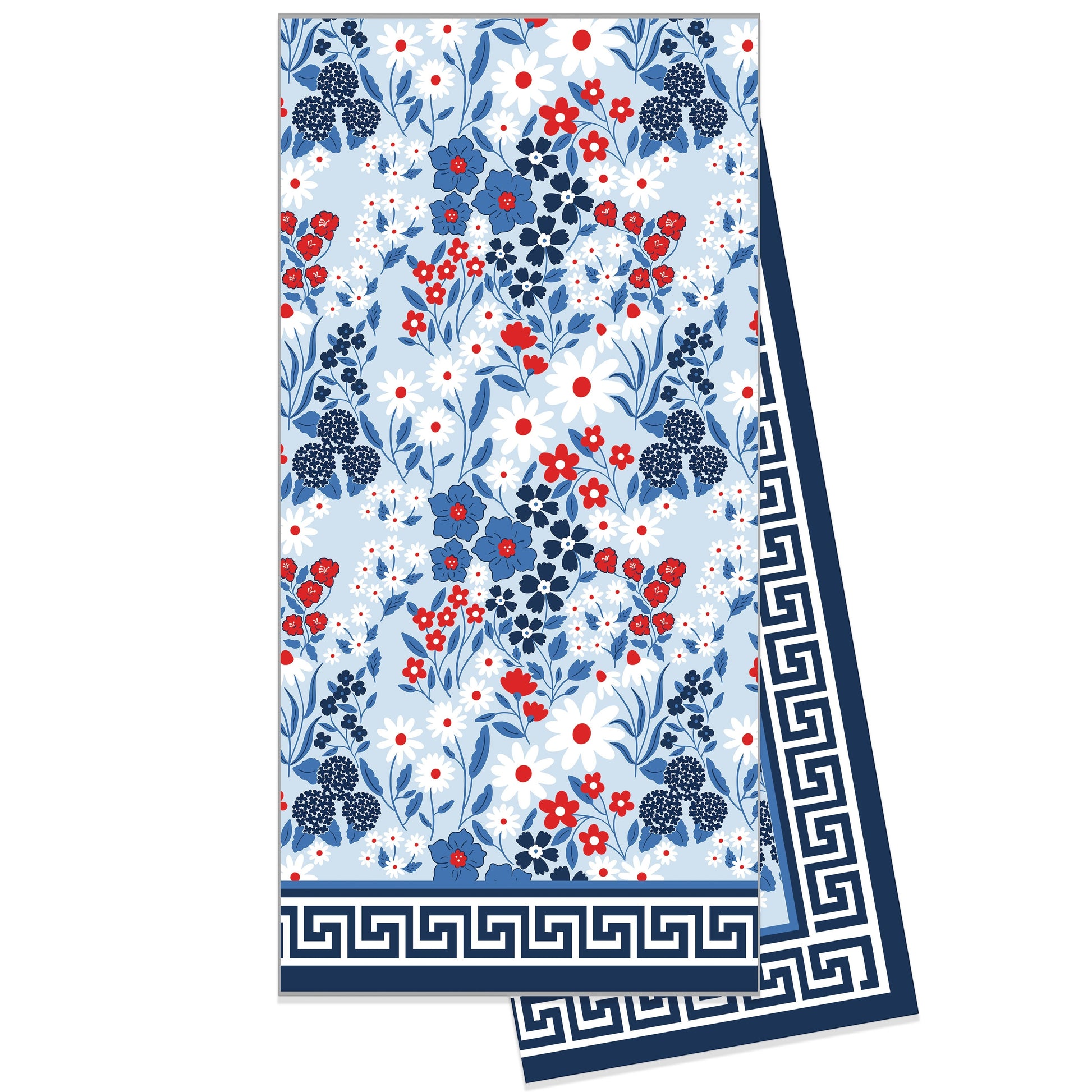 Mellow Monkey Americana Floral cotton tea towel with blue, red, and white flowers and a Greek key border.