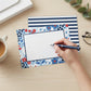 Mellow Monkey Americana Floral flat notecards feature a blue background with red and white flowers and navy borders. Set of 10.