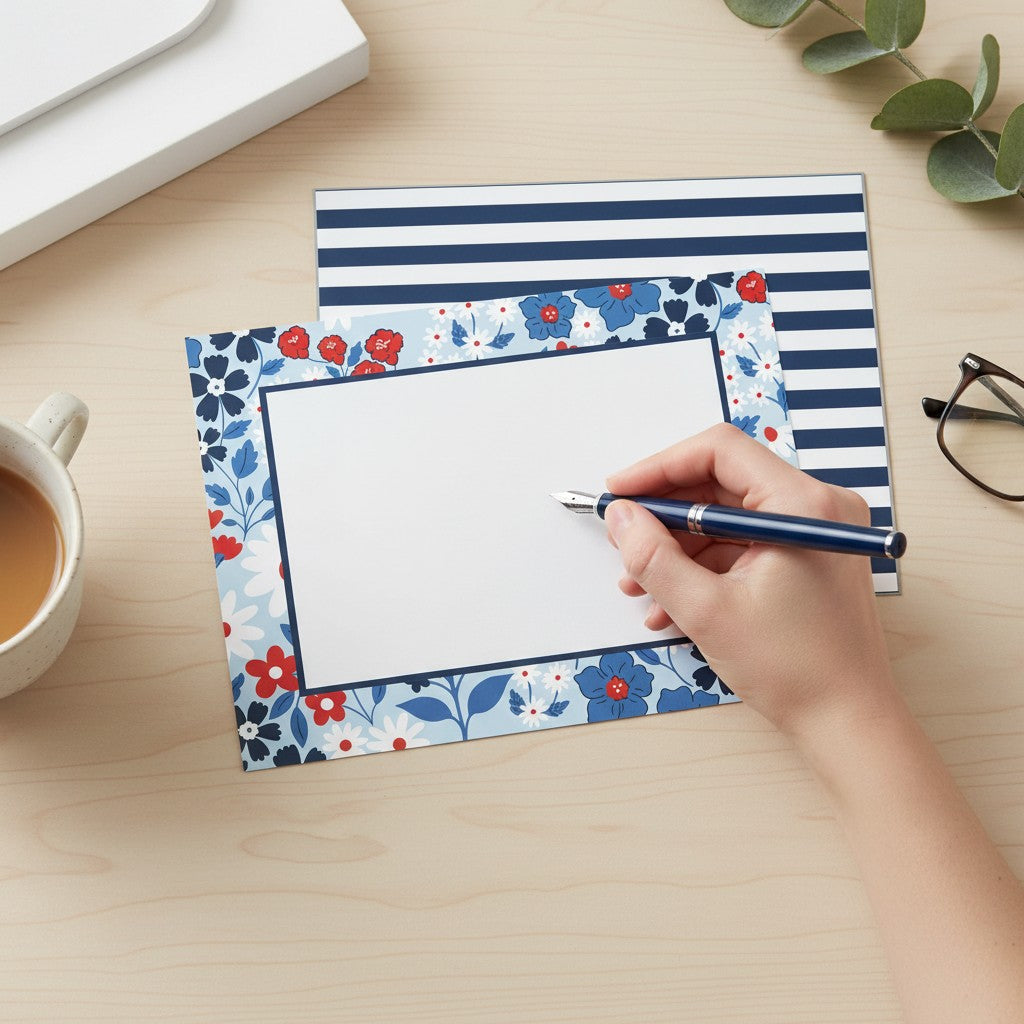 Mellow Monkey Americana Floral flat notecards feature a blue background with red and white flowers and navy borders. Set of 10.