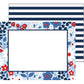 Mellow Monkey Americana Floral flat notecards feature a blue background with red and white flowers and a navy border. Set of 10.