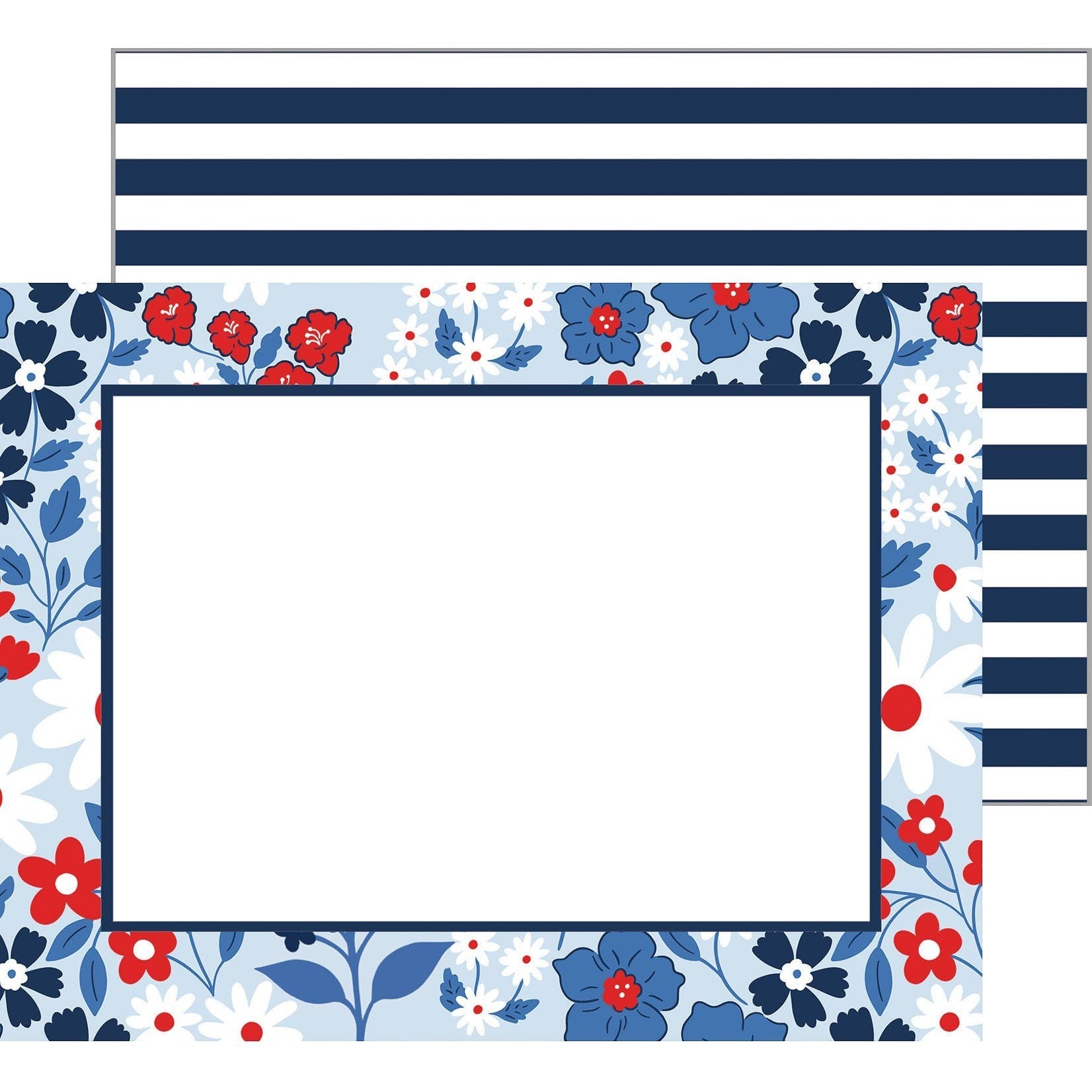 Mellow Monkey Americana Floral flat notecards feature a blue background with red and white flowers and a navy border. Set of 10.