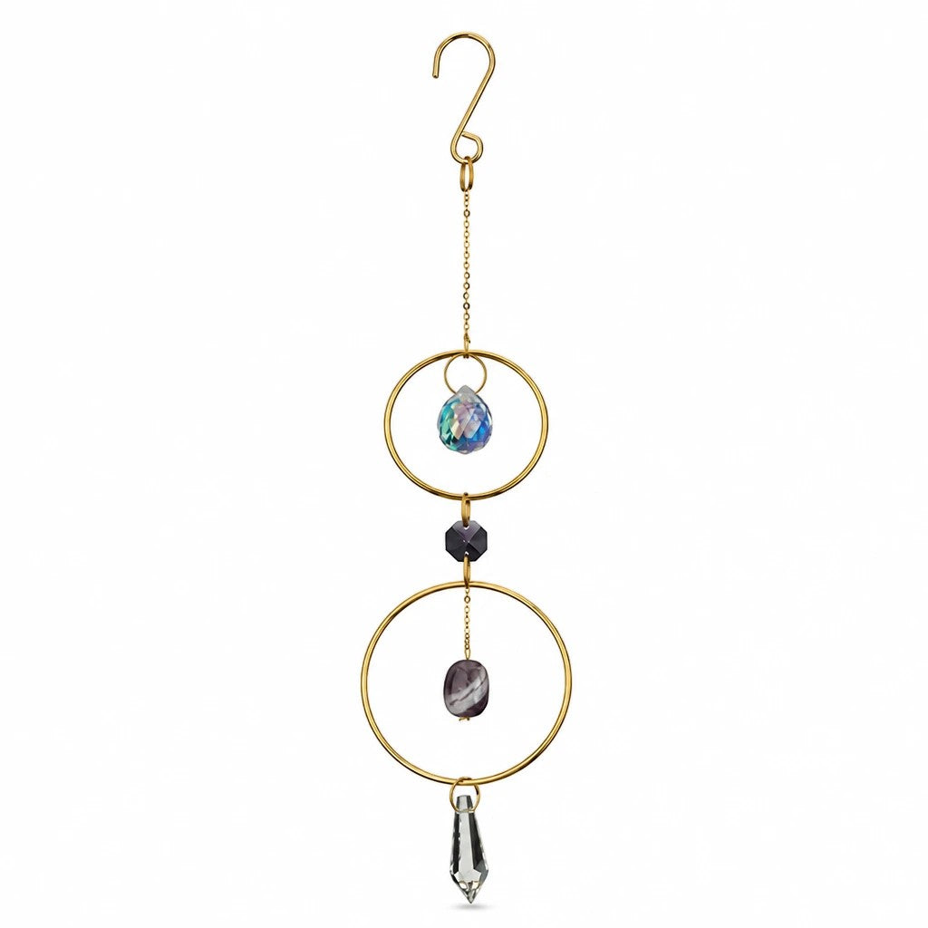 Mellow Monkey amethyst suncatcher ornament with bronze rings and hanging crystals for window decor