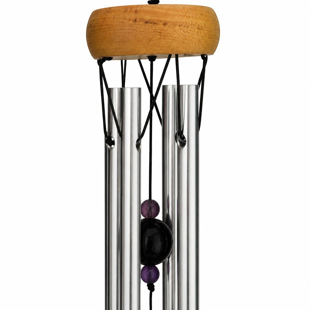 Mellow Monkey mini wind chime with wooden canopy, silver aluminum tubes, and decorative amethyst healing stones.