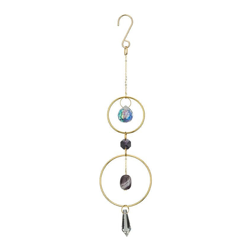 Mellow Monkey amethyst suncatcher ornament with bronze rings and hanging crystals for a sunny window display.