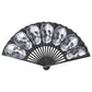 Mellow Monkey gothic fabric hand fan featuring white anatomical skull print on black with a black bamboo frame.