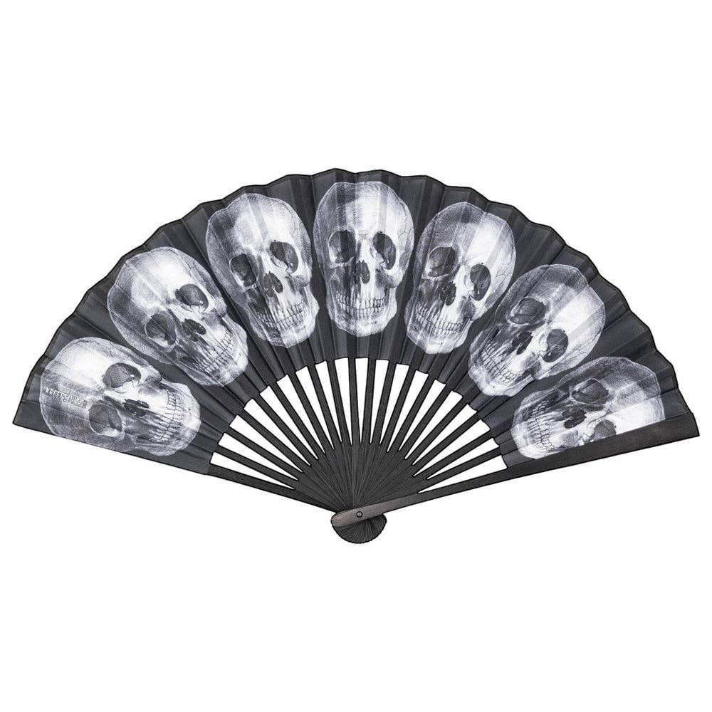 Mellow Monkey gothic fabric hand fan featuring white anatomical skull print on black with a black bamboo frame.
