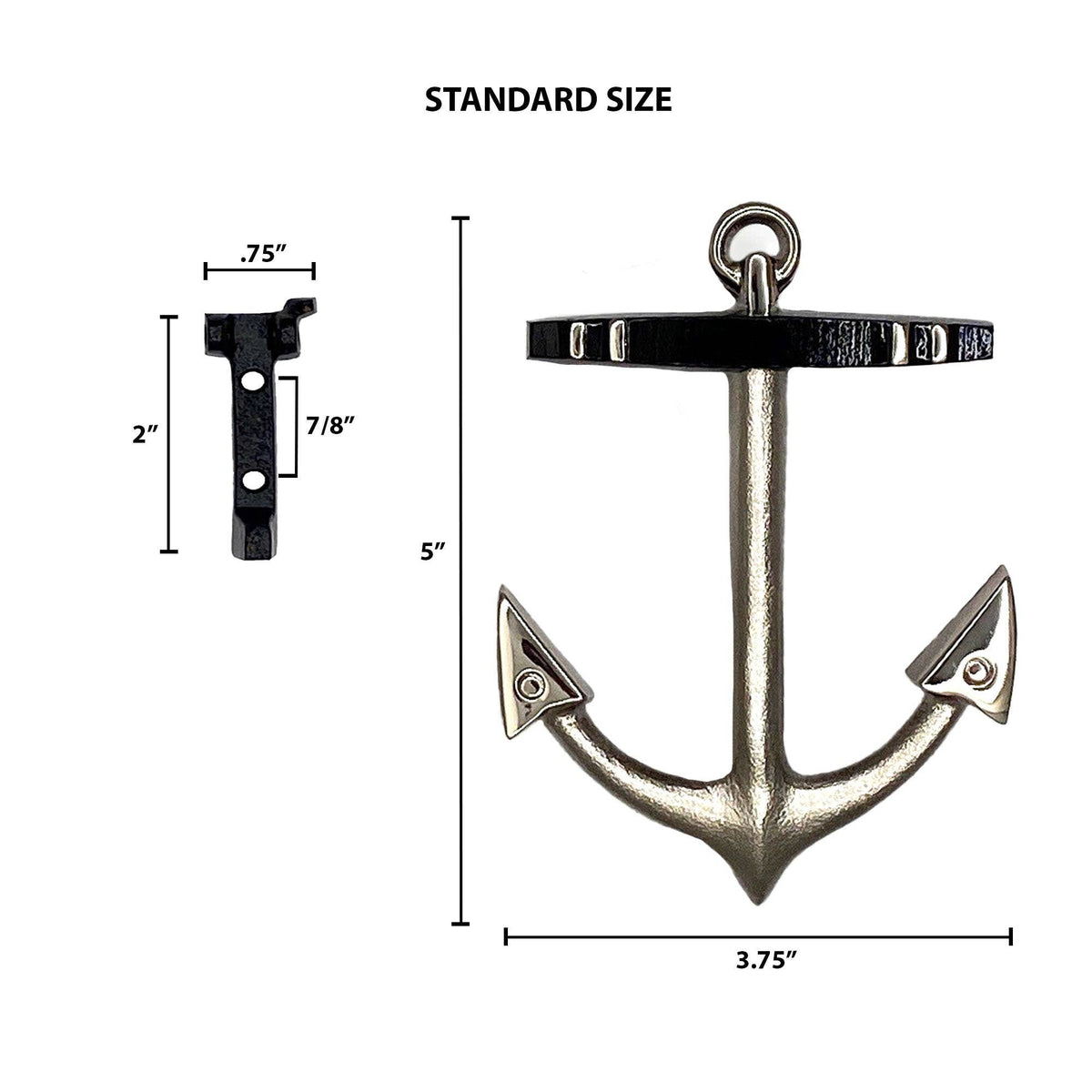 Mellow Monkey nickel silver anchor door knocker with dimensions shown in a technical diagram