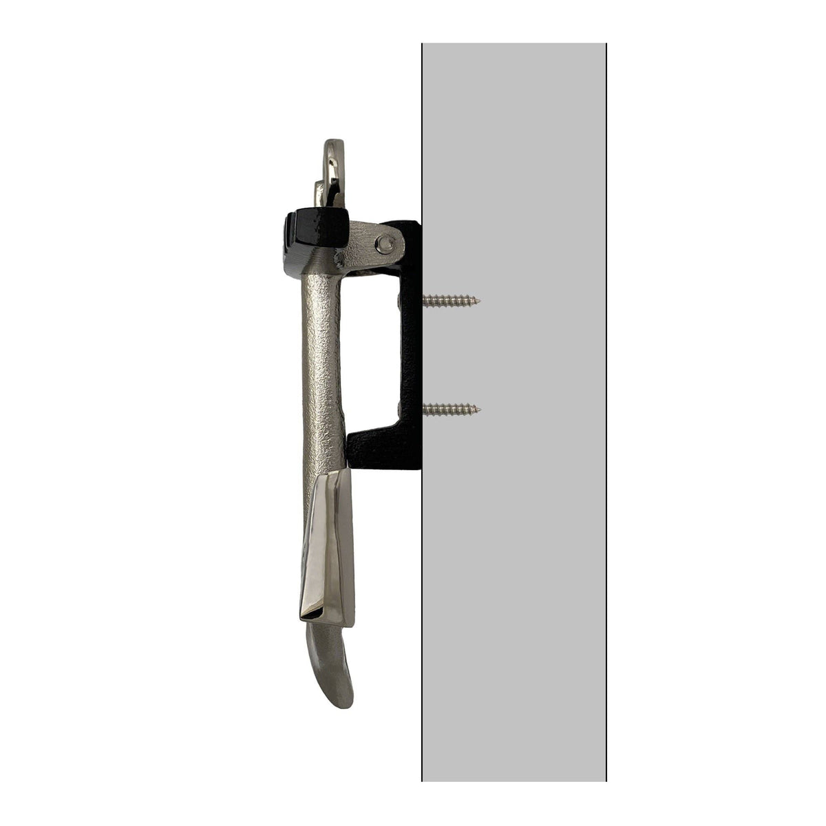Mellow Monkey nickel silver anchor door knocker shown in profile mounted on a grey door surface.