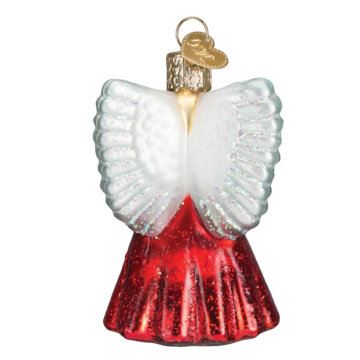 Mellow Monkey Baby Angel Old World Christmas blown glass ornament, red dress, white glitter wings, gold heart charm.