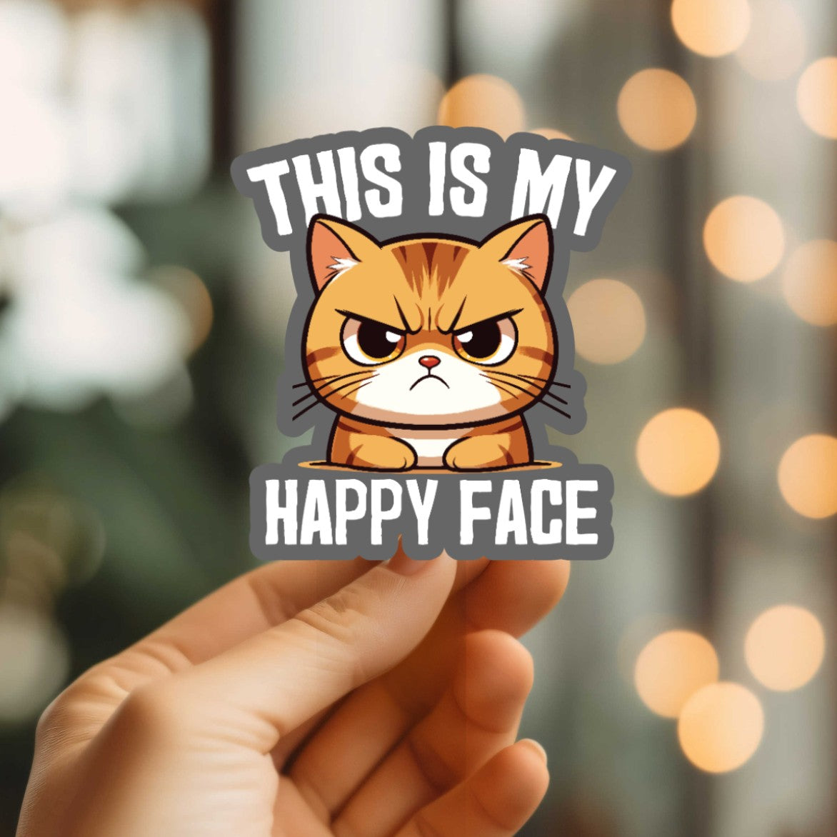 Mellow Monkey waterproof vinyl sticker featuring an angry orange cat with the text This Is My Happy Face