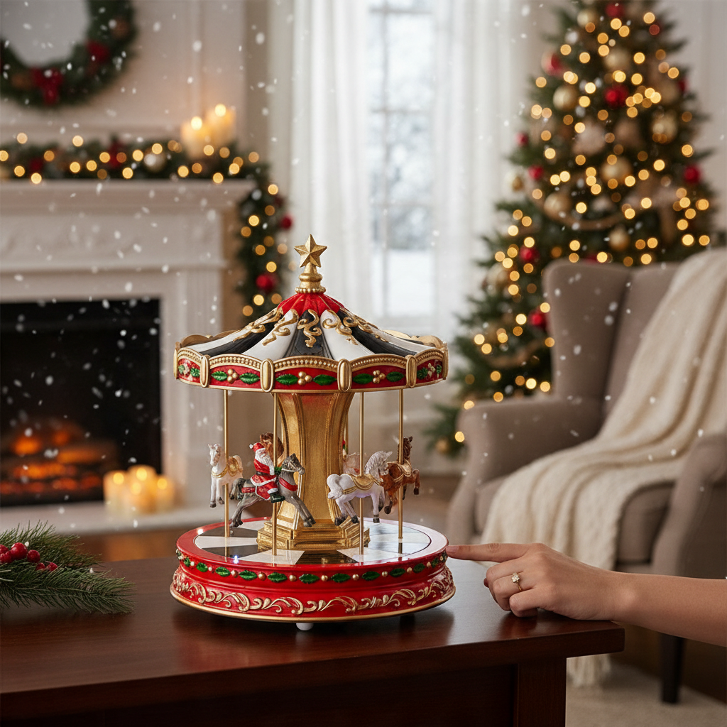Mellow Monkey 10.5 inch animated musical resin carousel with multicolor holiday design and festive Christmas decor