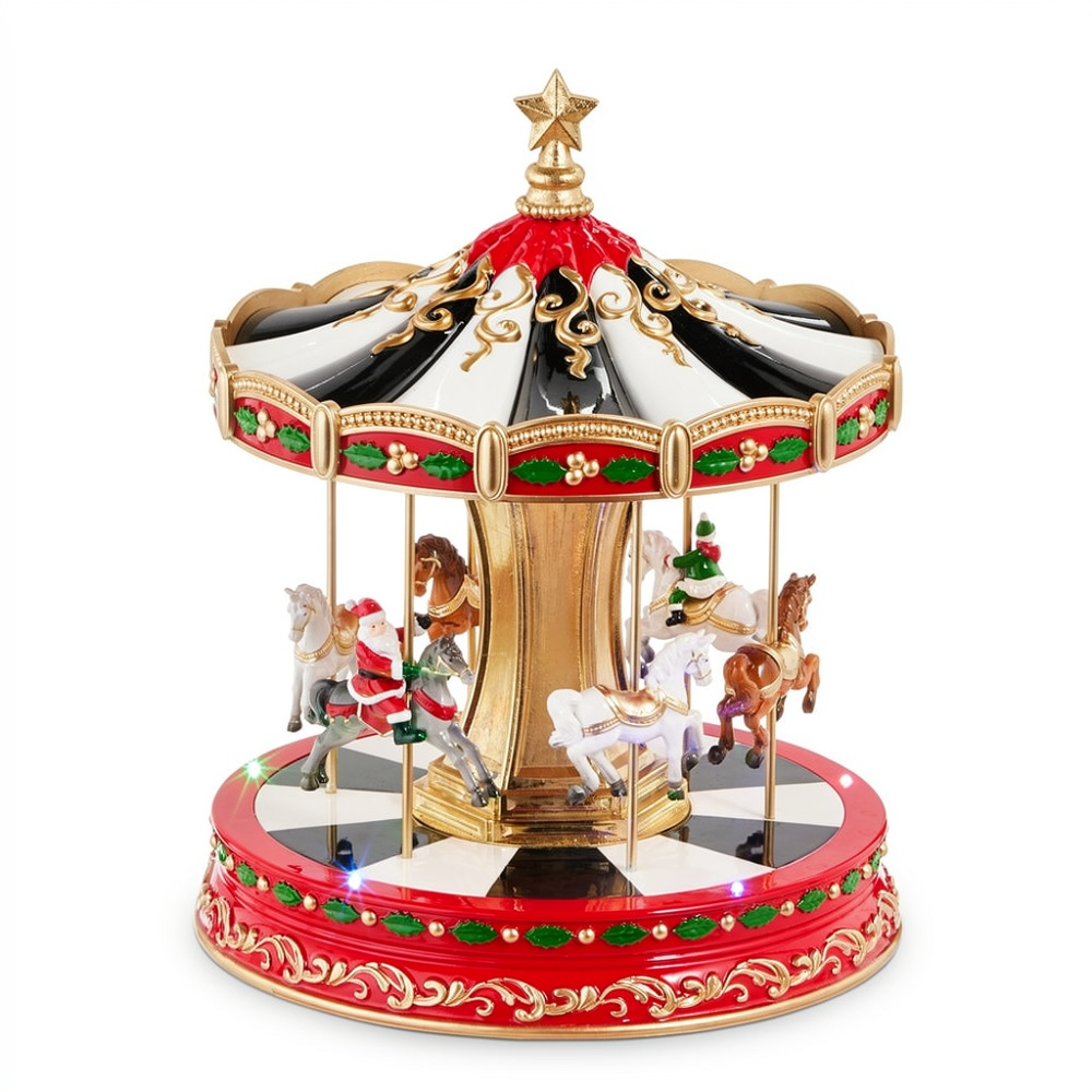 Mellow Monkey 10.5-inch resin musical carousel with Santa, horses, and festive red, black, and gold holiday details.