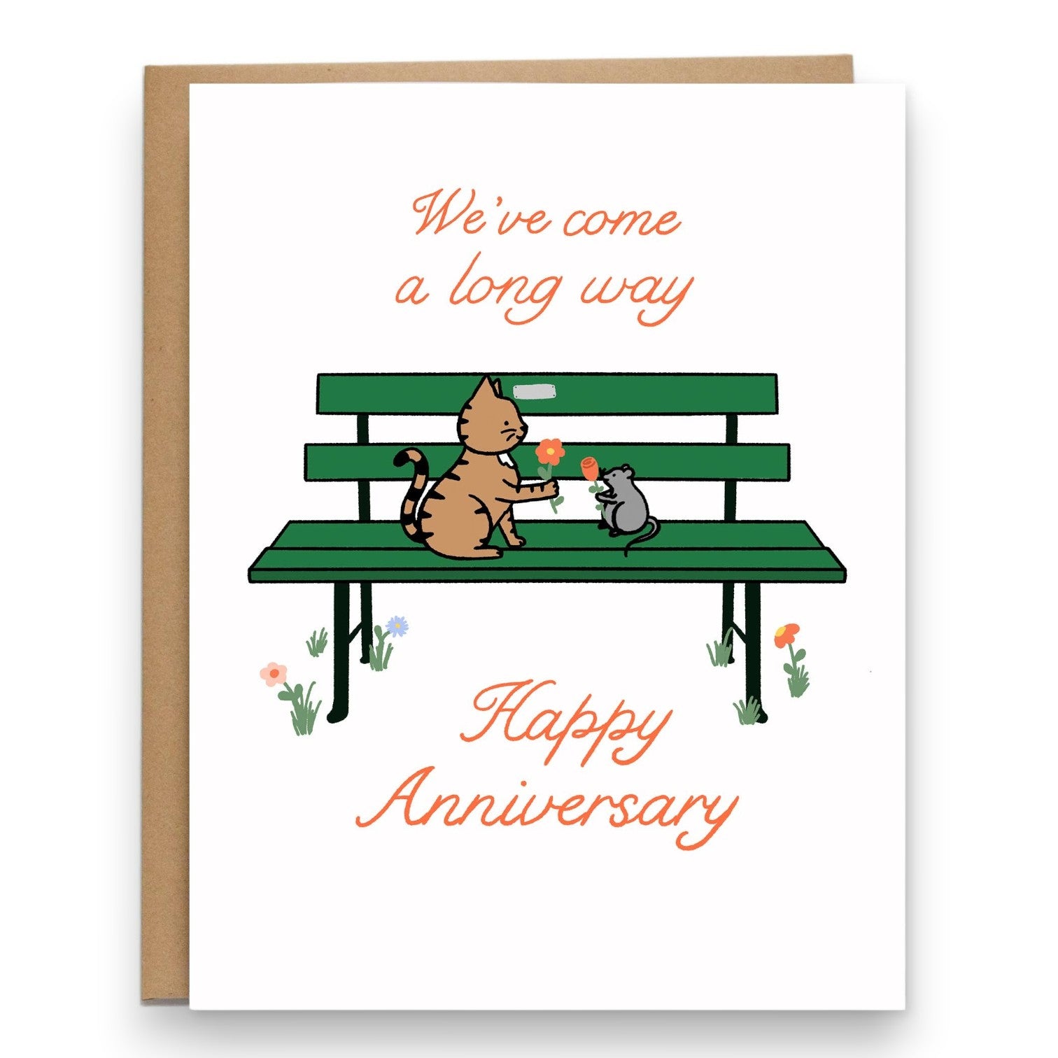 Mellow Monkey anniversary card featuring a cat and mouse on a park bench with the text We have come a long way
