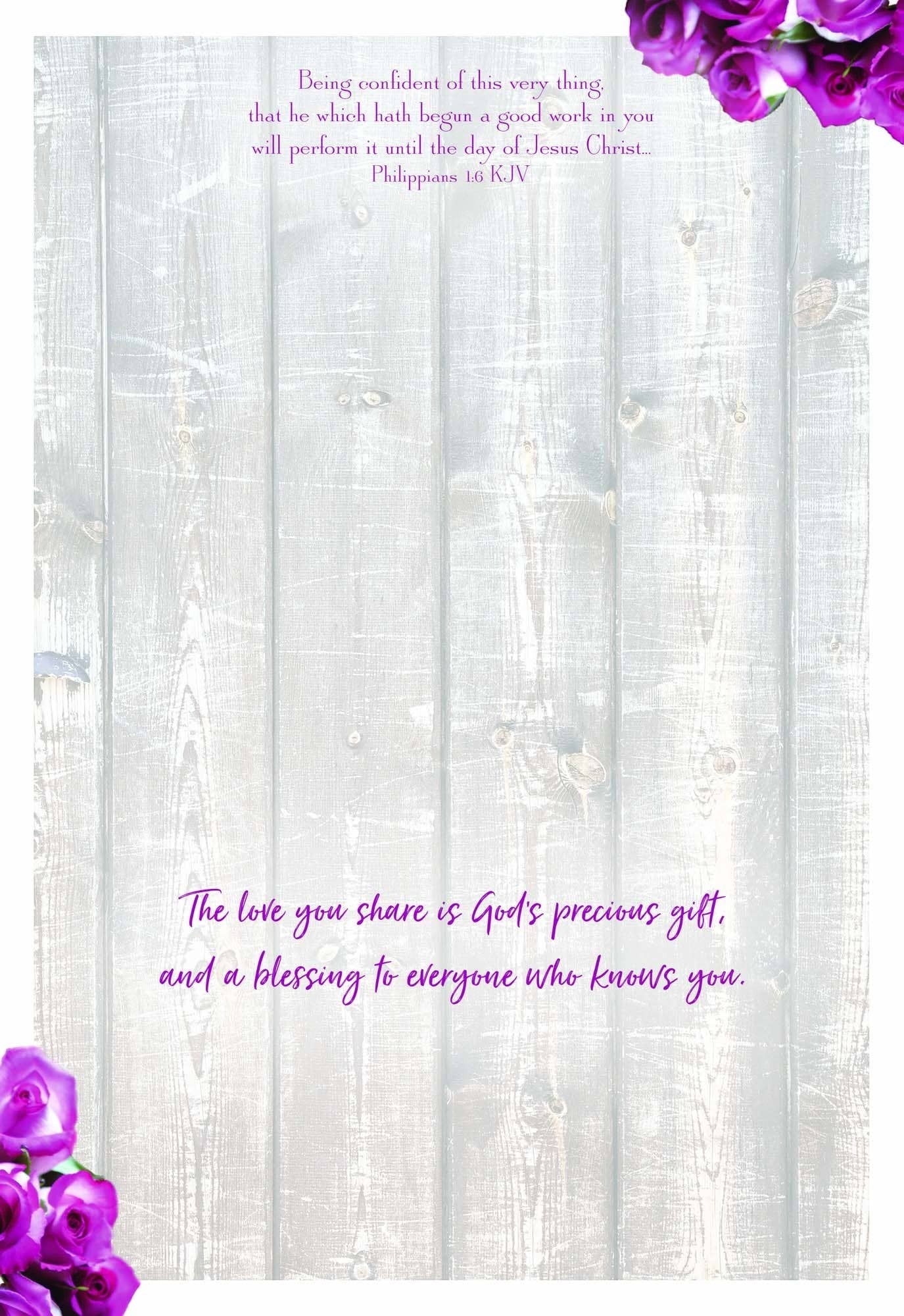 Mellow Monkey anniversary card featuring purple roses, KJV scripture, and a rustic white wood background.