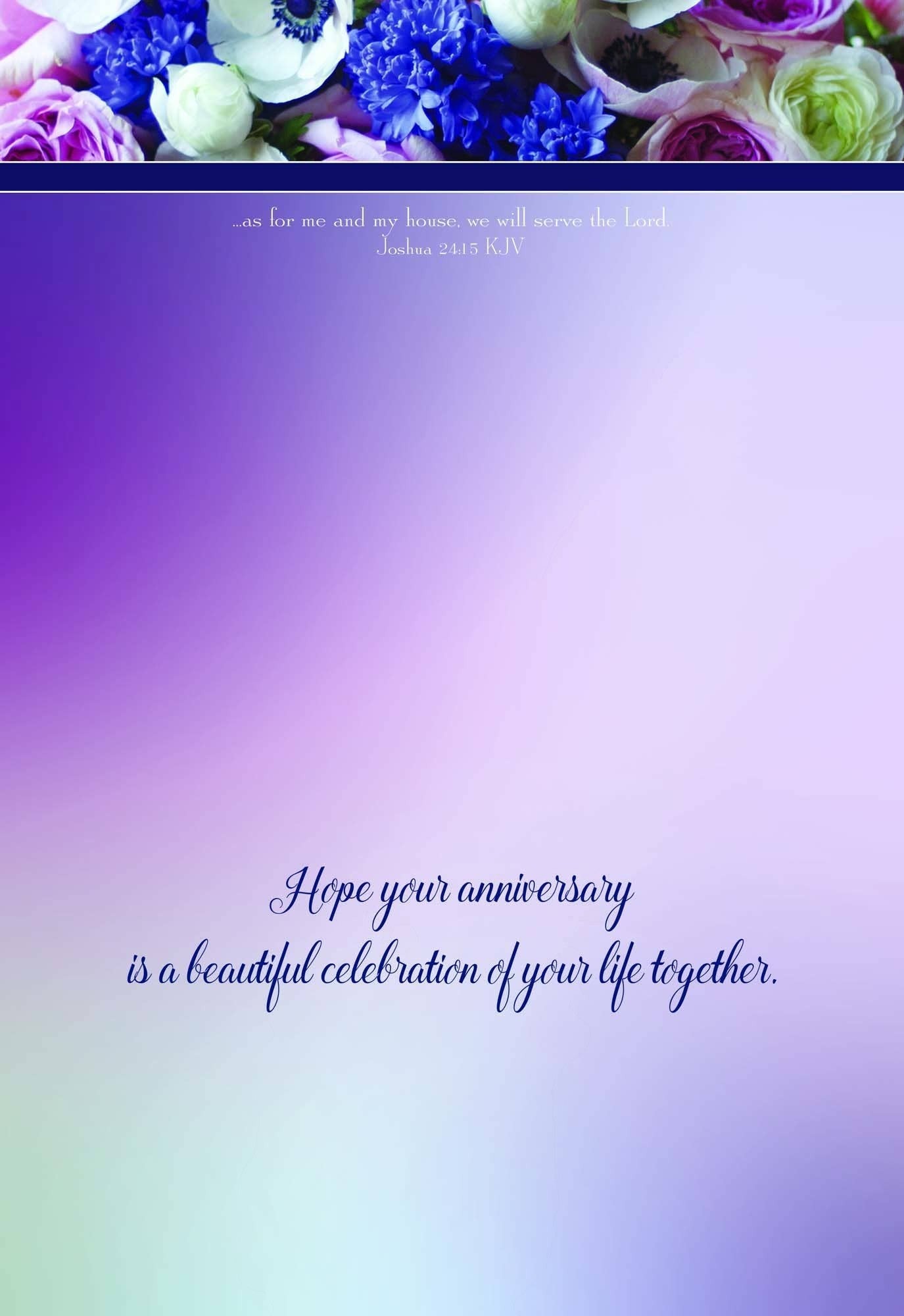 Mellow Monkey anniversary card with floral top border, purple gradient background, and KJV Scripture verse.