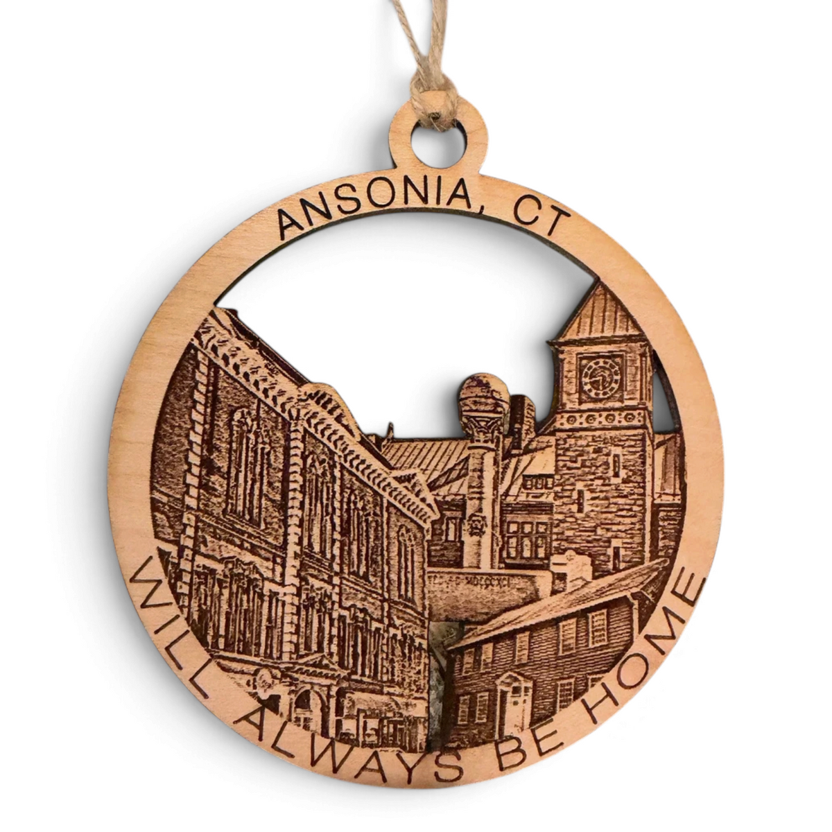 Mellow Monkey 4-inch round wooden ornament featuring laser-engraved Ansonia Connecticut landmarks and twine hanger.