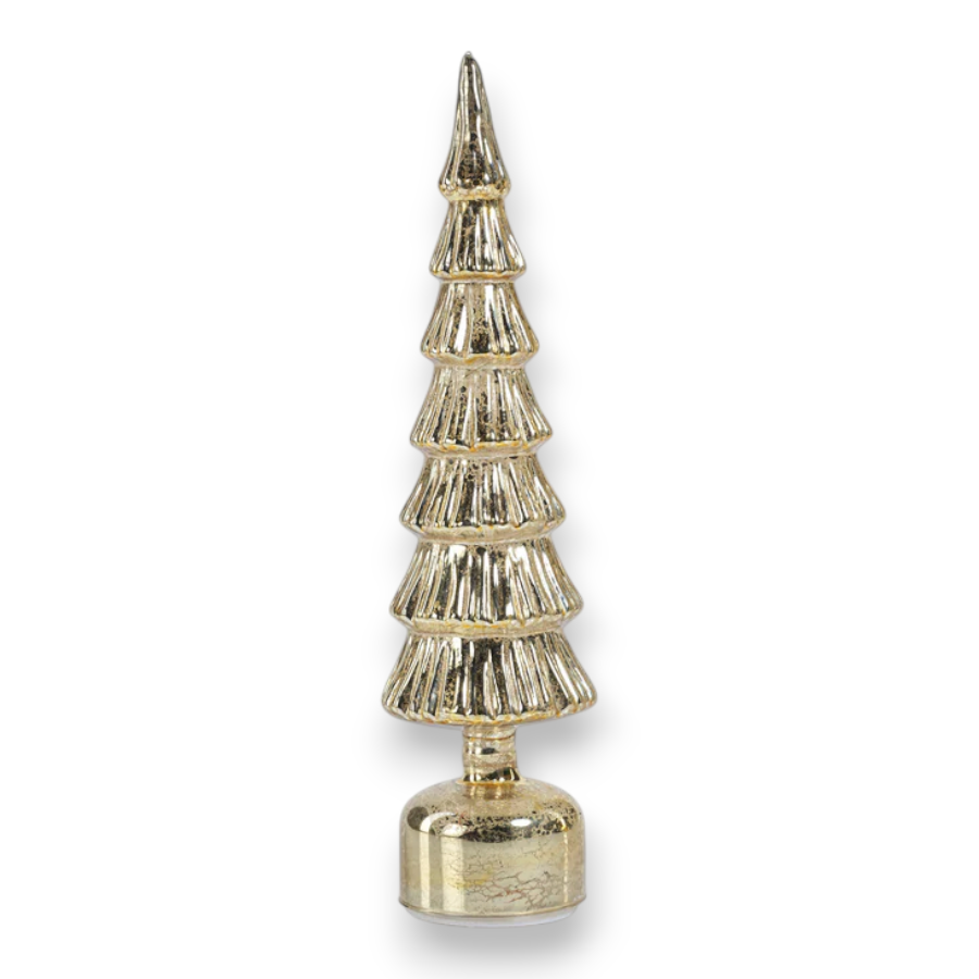Mellow Monkey 13-inch antique gold glass rotating LED Christmas tree with a ribbed texture for festive home decor.