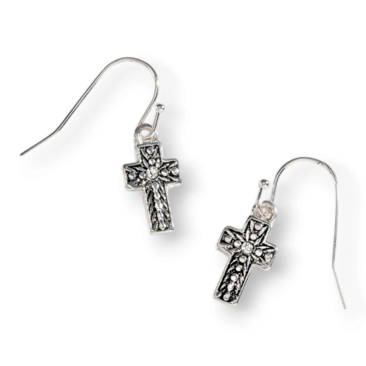 Mellow Monkey antique silver cross drop earrings with detailed vintage patina finish on hook wires.