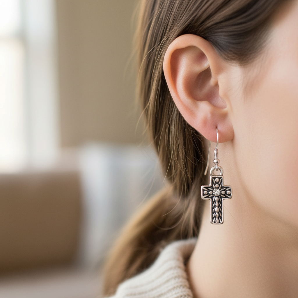 Mellow Monkey antique silver cross drop earrings worn on a woman's ear with detailed vintage patina finish.
