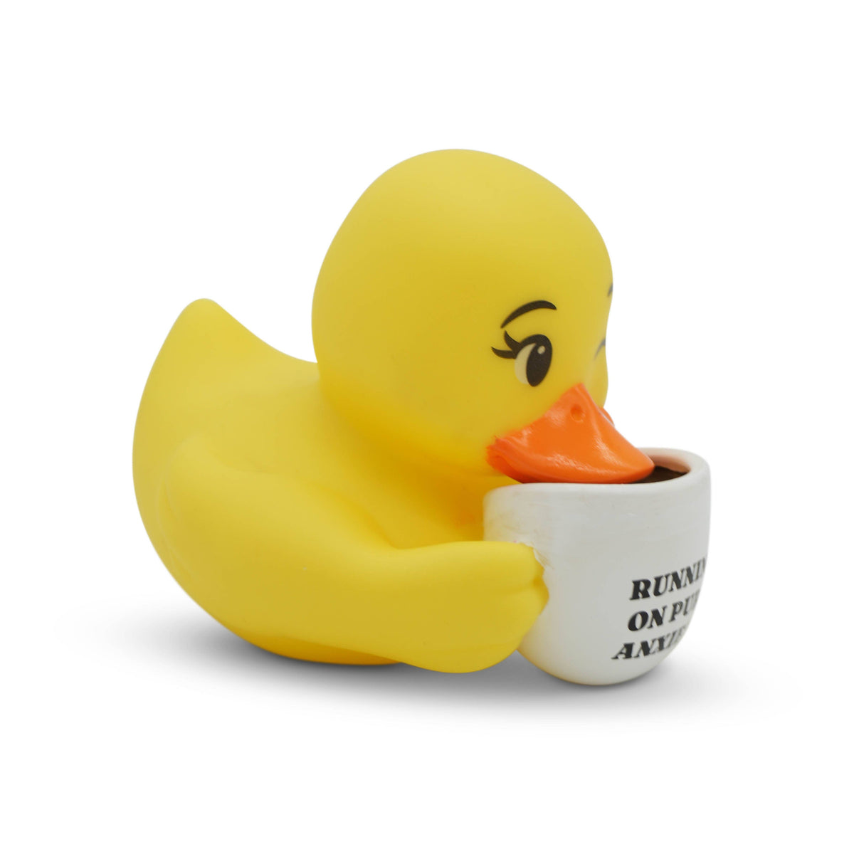 Mellow Monkey yellow rubber duck holding a coffee mug with Running on Pure Anxiety text on a white background