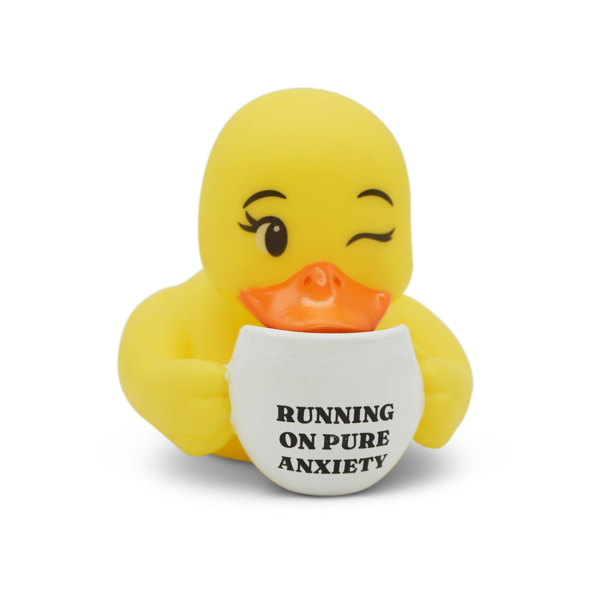 Mellow Monkey yellow rubber duck holding a white coffee mug with the text Running on Pure Anxiety