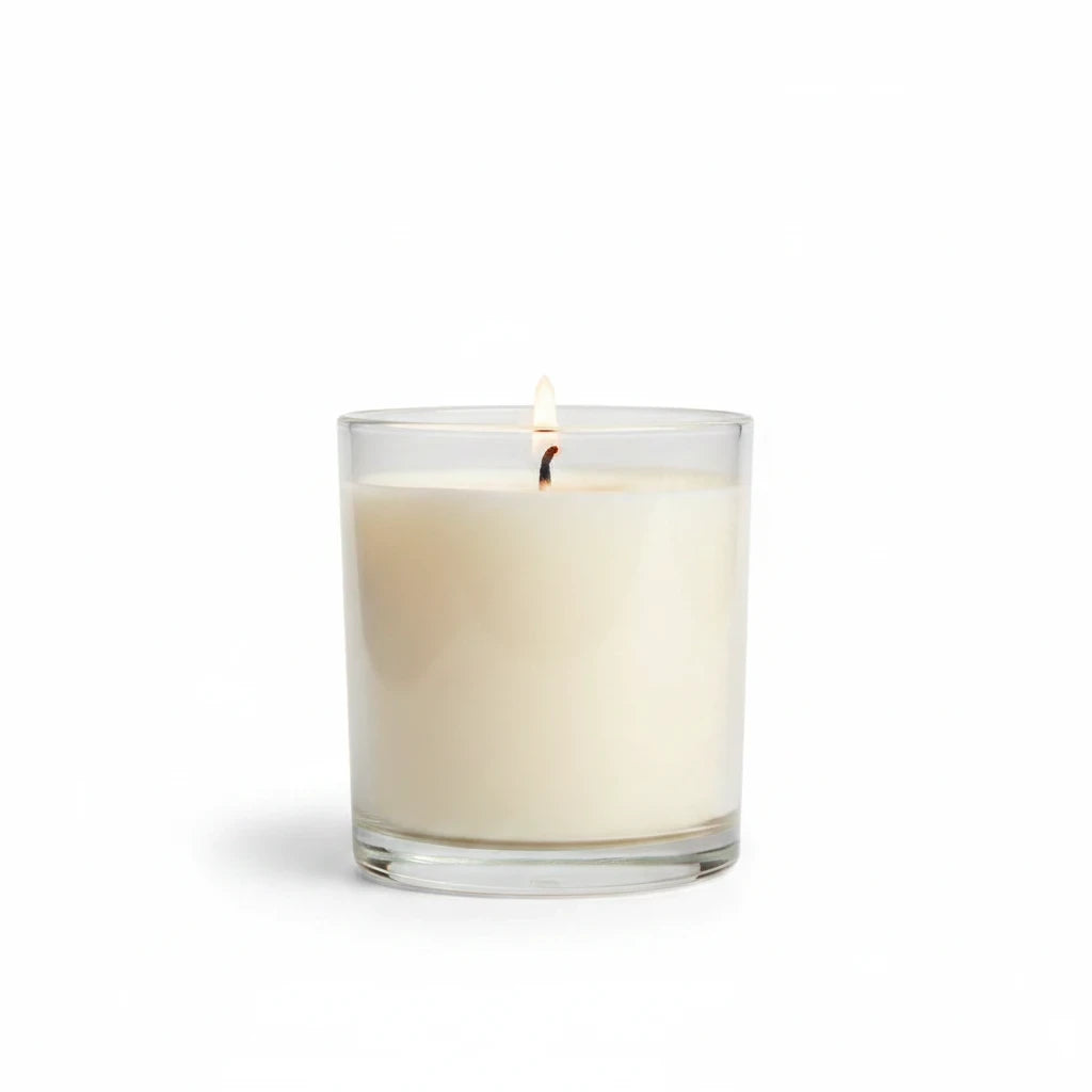 Mellow Monkey Apple Cider scented Pet House candle in a clear glass jar with a lit wick on a white background