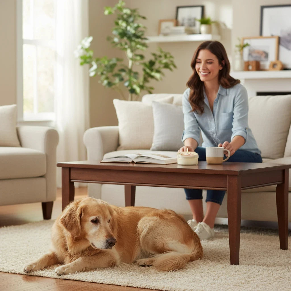 Mellow Monkey Apple Cider scented pet odor neutralizing mini candle on a coffee table with a woman and golden retriever