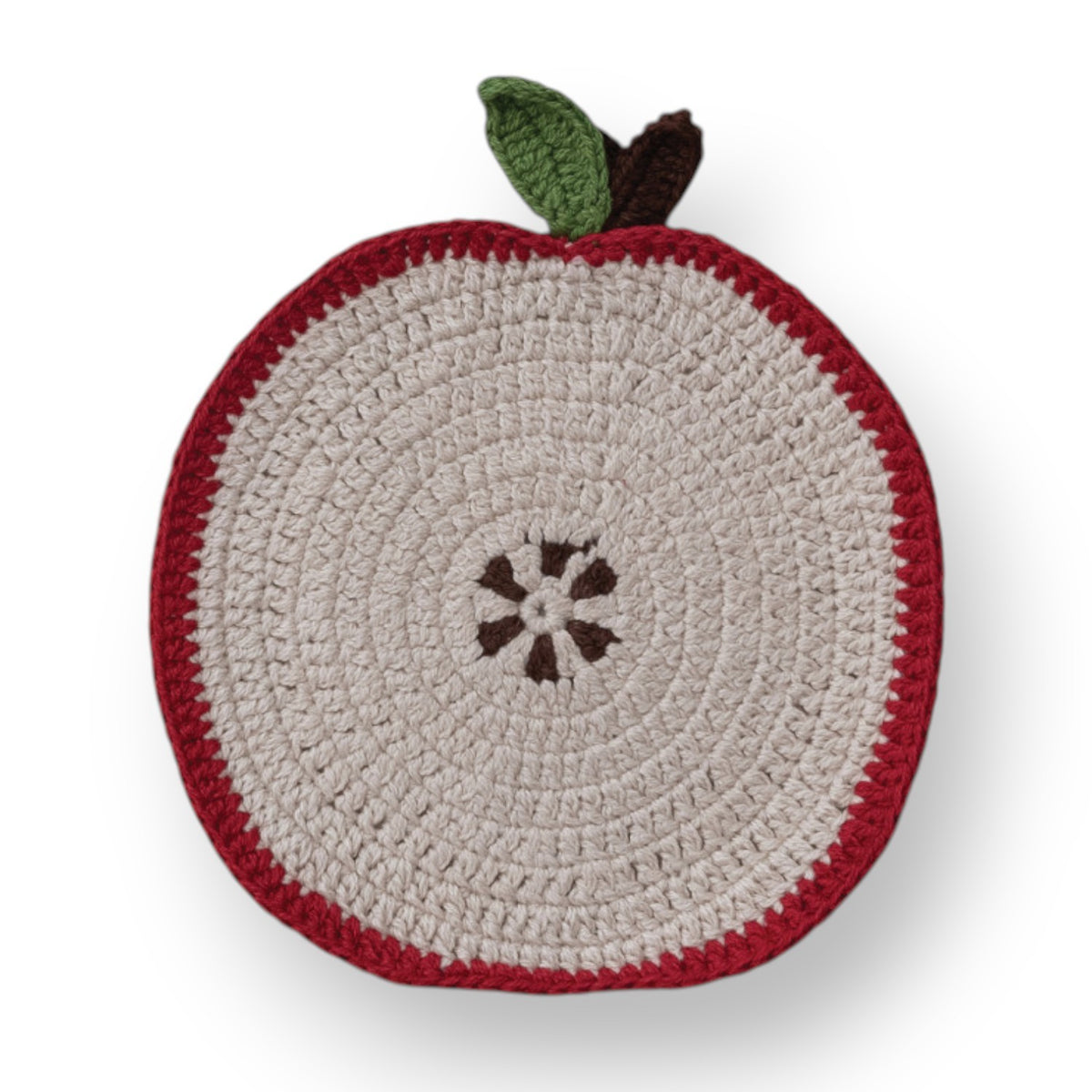 Mellow Monkey apple-shaped cotton crocheted pot holder with red, beige, and green yarn details.