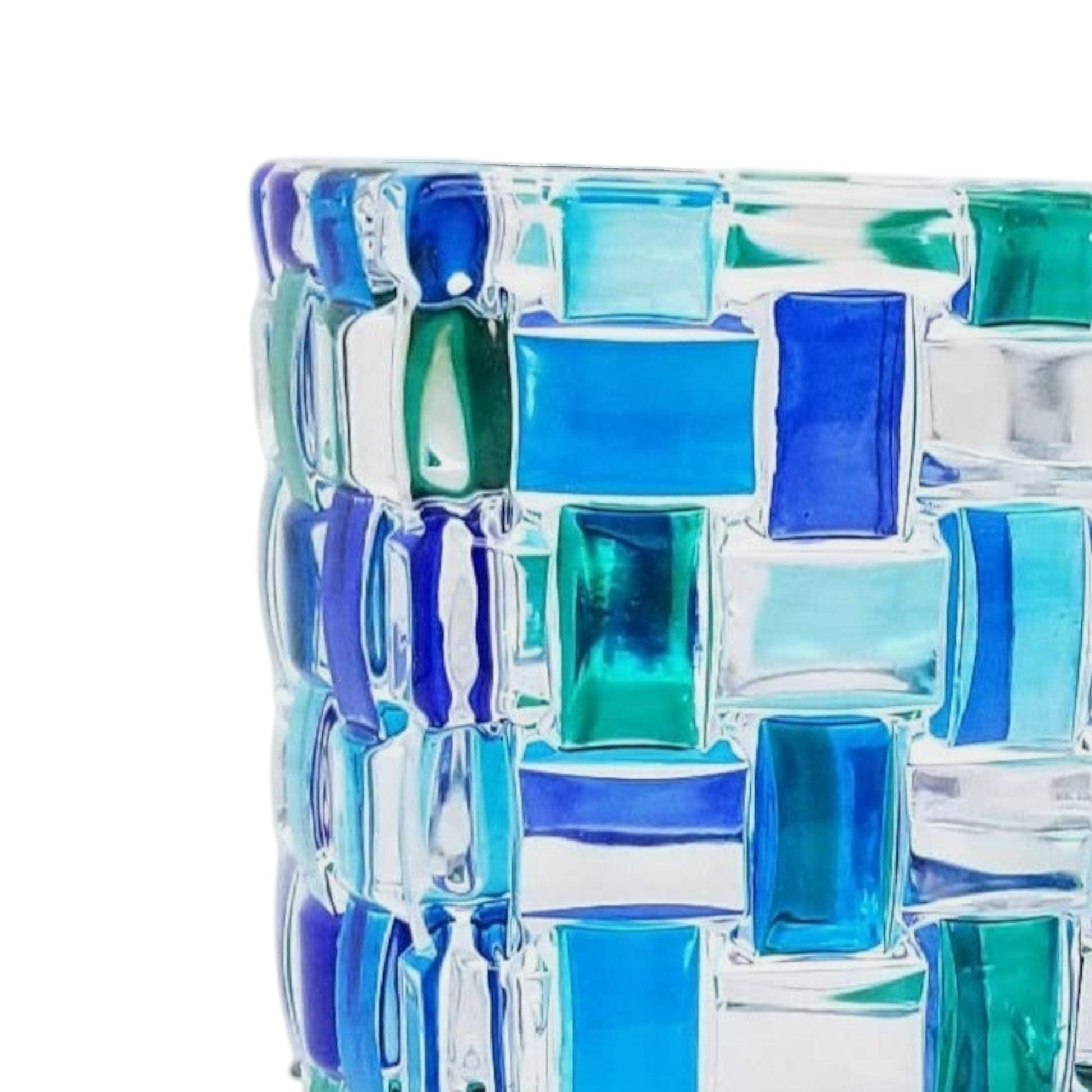 Mellow Monkey Aqua Bossanova Bud Vase - 6-in hand-painted Venetian glass with blue and green mosaic pattern.