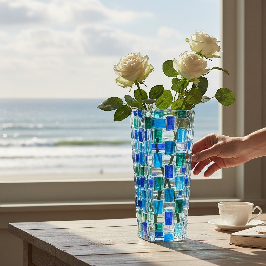 Mellow Monkey Aqua Bossanova Bud Vase - 6-in hand-painted Venetian glass in blue and green with woven pattern.