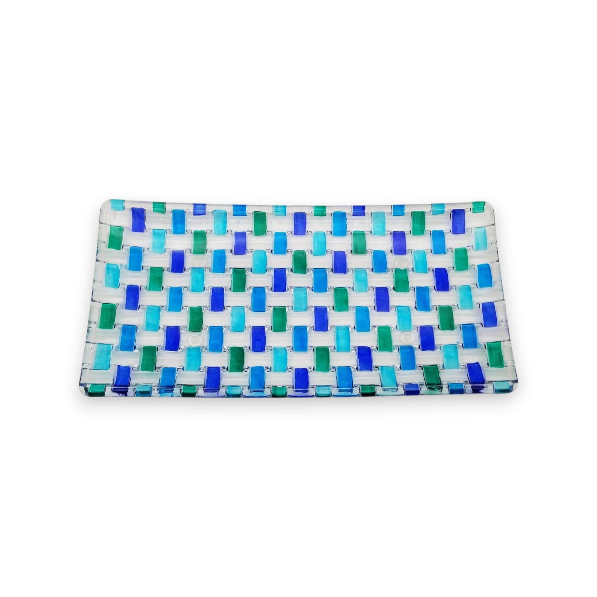 Mellow Monkey Aqua Bossanova serving tray in hand-painted Venetian glass with blue and green woven pattern, 11 inches.