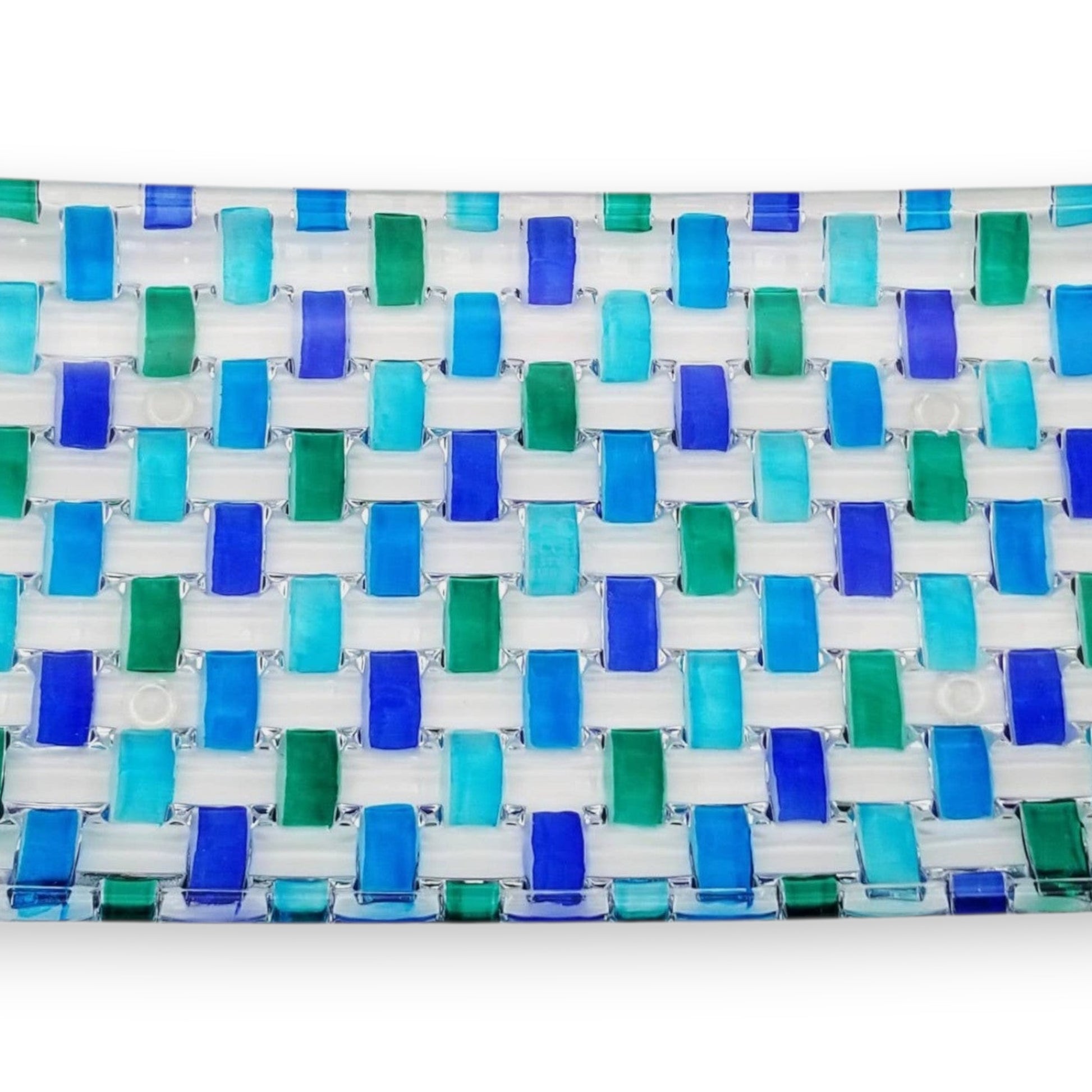 Mellow Monkey Aqua Bossanova 11-inch serving tray made of hand-painted Venetian glass in blue and green woven pattern.