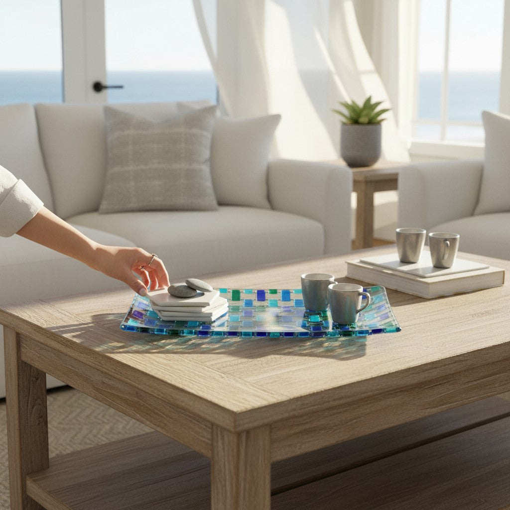 Mellow Monkey Aqua Bossanova 11-inch serving tray made of hand-painted Venetian glass in blue and green woven pattern.