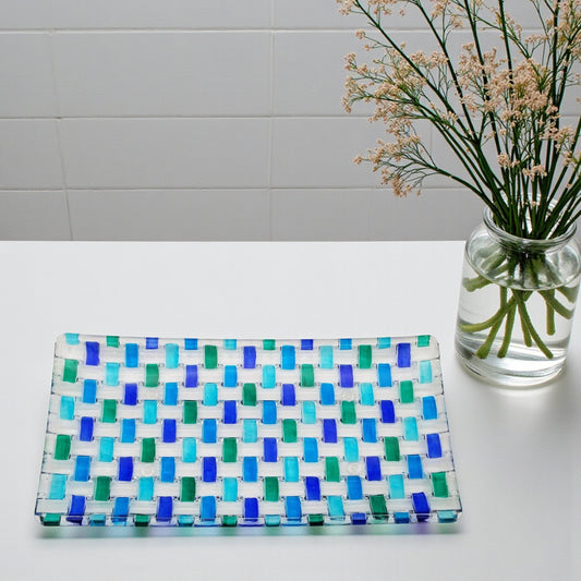 Mellow Monkey Aqua Bossanova 11-inch serving tray made of hand-painted Venetian glass in blue and green woven pattern.