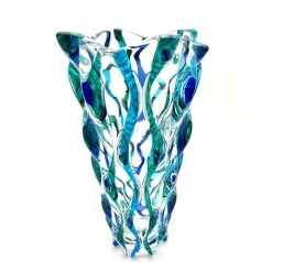 Mellow Monkey Aqua Samba 12-inch hand-painted Venetian glass vase in blue and green with swirling patterns.