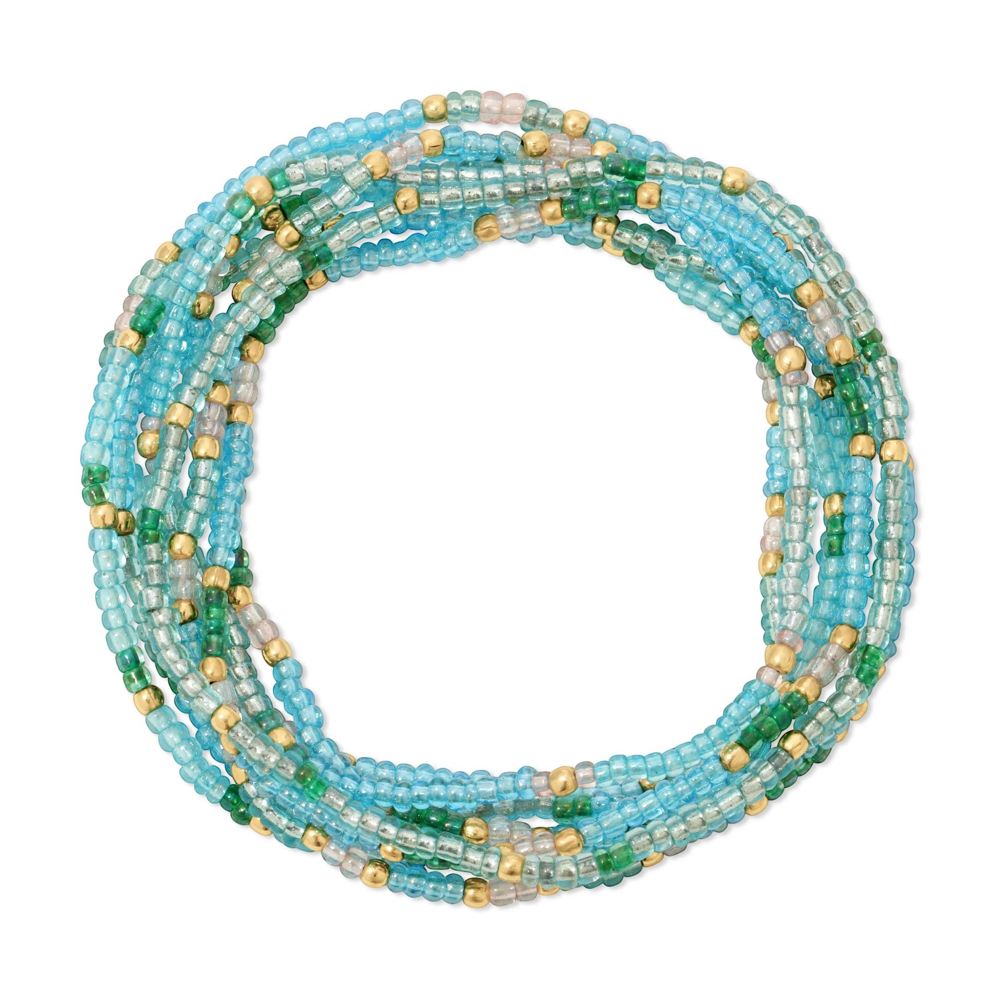Mellow Monkey Seaglass stretch seed bead bracelets in aqua and green with 18k gold plated brass accents.